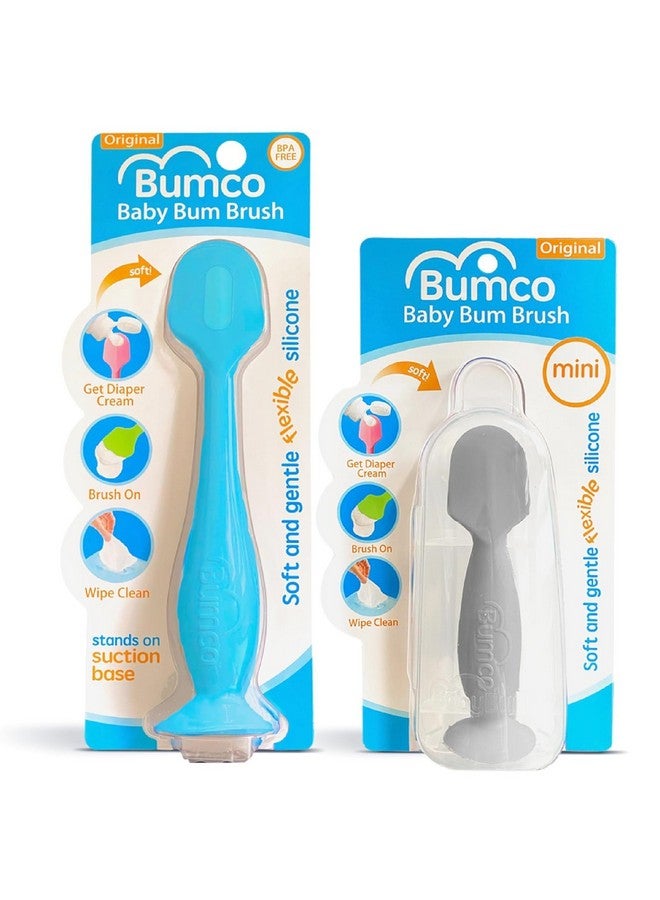 بيبي بام برَش فرشاة تنظيف أرداف بومكو بيبي + ملعقة صغيرة لكريم حفاضات الأطفال مع حقيبة - ملعقة حفاضات سيليكون خالية من مادة BPA مع كوب شفط، سهلة التنظيف بالمسح، أداة وضع معجون الأرداف من ابتكار الأم (أزرق ورمادي) - Image 1