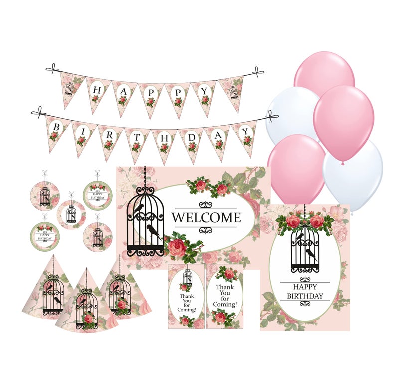 PrettyurParty Pretty UR Party Pink Floral and Bird Cage Party decorations Kit - 80 pcs includes Banner, balloons, thank you, centerpiece, danglers, Floral Party Supplies, Boho Birthday Decor, DIY Décor Pack for kids, girls, Teens - Image 1