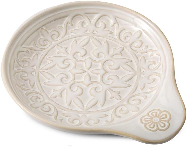 Howise Farmhouse Ceramic Spoon Rests Holder for Kitchen Counter Stove Top (White-A4) - Image 1
