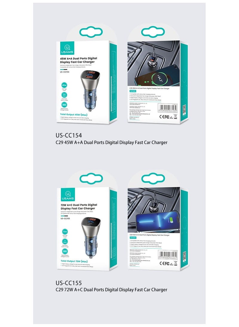 Usams C29 Dual Ports Digital Display Fast Car Charger A+C 72W - Image 5