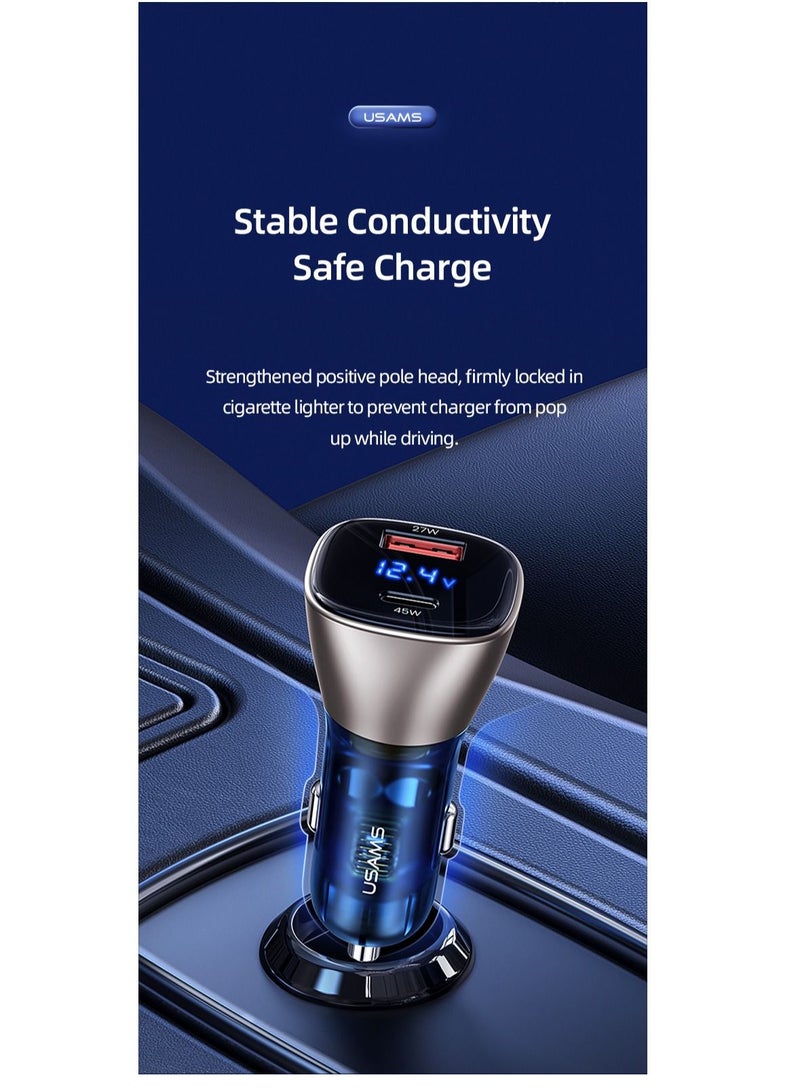 Usams C29 Dual Ports Digital Display Fast Car Charger A+C 72W - Image 2