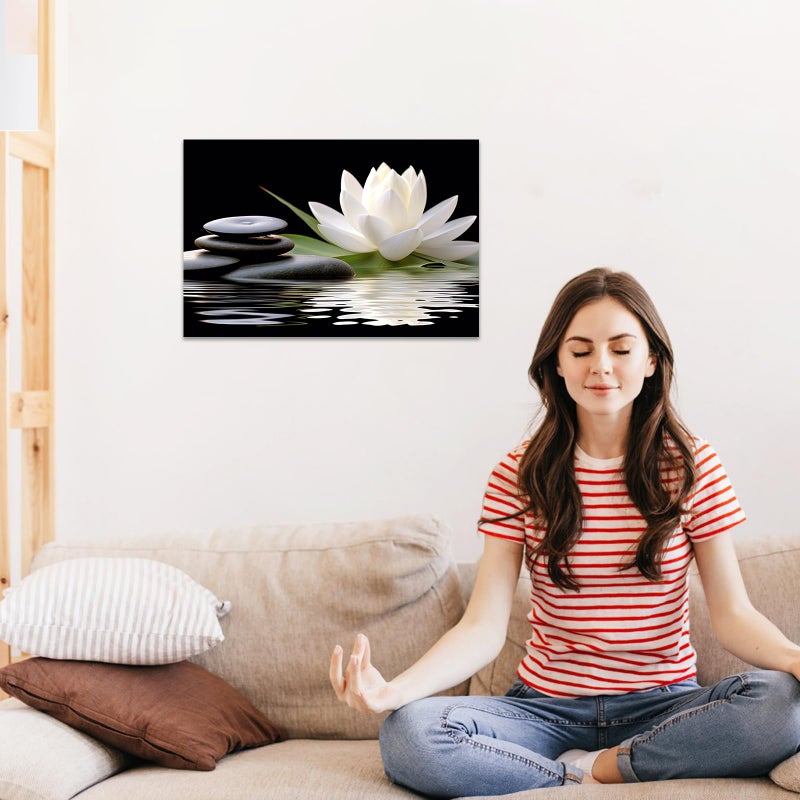 CCWACPP Zen Canvas Wall Art White Lotus Bloom in Water Picture Flowers Stone Spa Painting for Yoga Meditation Room Bathroom Prints Wall Decor Frame (Zen - 2, 12x18inch) - Image 4