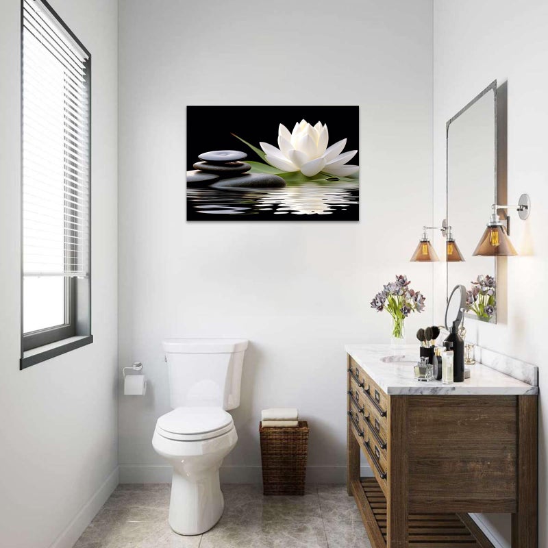 CCWACPP Zen Canvas Wall Art White Lotus Bloom in Water Picture Flowers Stone Spa Painting for Yoga Meditation Room Bathroom Prints Wall Decor Frame (Zen - 2, 12x18inch) - Image 3