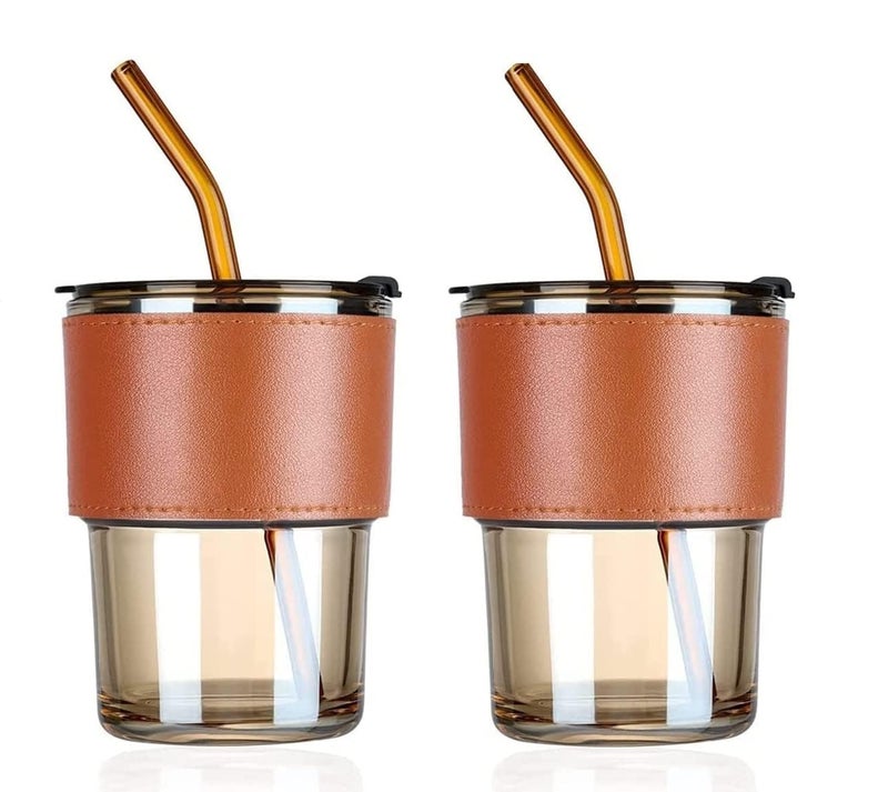 LARYNX 400 ml Glass Coffee Mug with Straw Coffee Cup with Leather Sleeve Mugs Gift Set Tea CupTumbler Mug Drinking Glasses for Gifts Travel Mug BlackSet of 2 Brown Leather Mug 2 pcs - Image 1