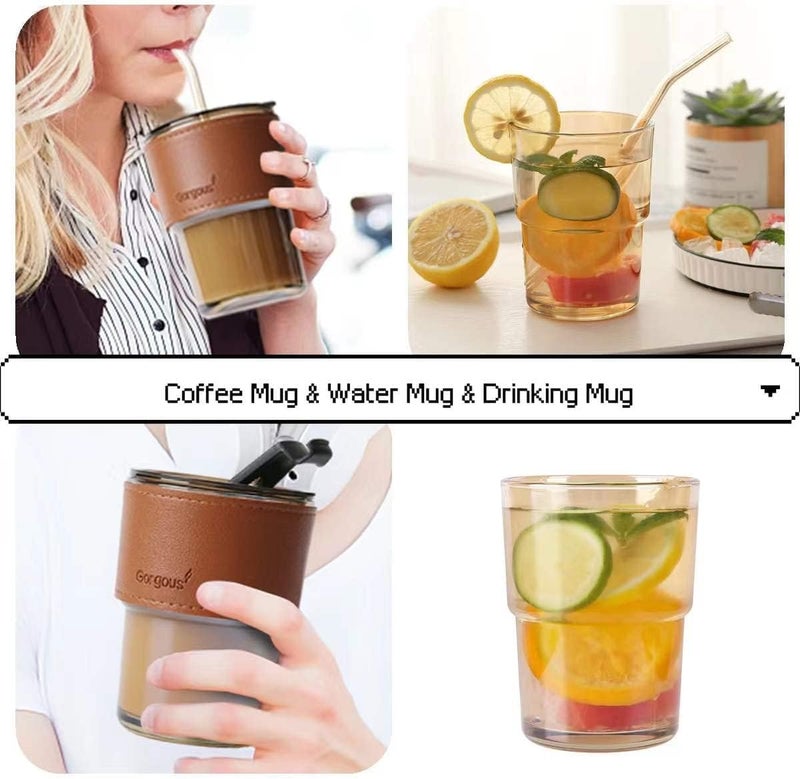 LARYNX 400 ml Glass Coffee Mug with Straw Coffee Cup with Leather Sleeve Mugs Gift Set Tea CupTumbler Mug Drinking Glasses for Gifts Travel Mug BlackSet of 2 Brown Leather Mug 2 pcs - Image 4
