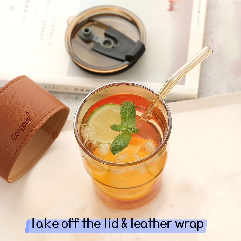 LARYNX 400 ml Glass Coffee Mug with Straw Coffee Cup with Leather Sleeve Mugs Gift Set Tea CupTumbler Mug Drinking Glasses for Gifts Travel Mug BlackSet of 2 Brown Leather Mug 2 pcs - Image 2
