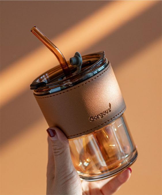 LARYNX 400 ml Glass Coffee Mug with Straw Coffee Cup with Leather Sleeve Mugs Gift Set Tea CupTumbler Mug Drinking Glasses for Gifts Travel Mug BlackSet of 2 Brown Leather Mug 2 pcs - Image 5