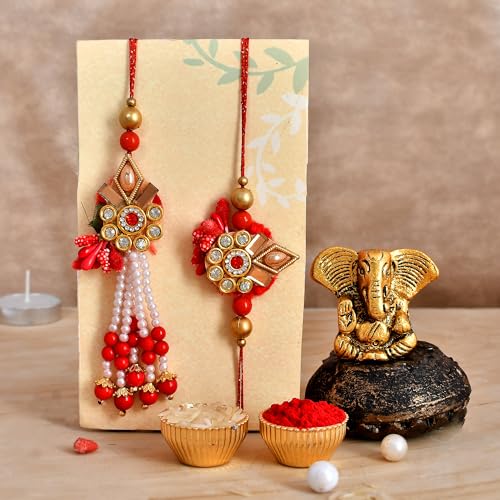 CraftVatika Gift Combo Rakhi Set for Brother Bhaiya and Bhabhi | Rakhi Gift Set for Bhaiya with Ganesha Idol | Premium Kundan Lumba for Bhai - Image 1