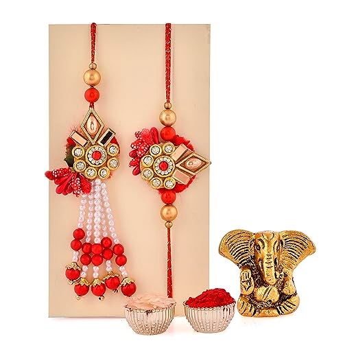 CraftVatika Gift Combo Rakhi Set for Brother Bhaiya and Bhabhi | Rakhi Gift Set for Bhaiya with Ganesha Idol | Premium Kundan Lumba for Bhai - Image 2