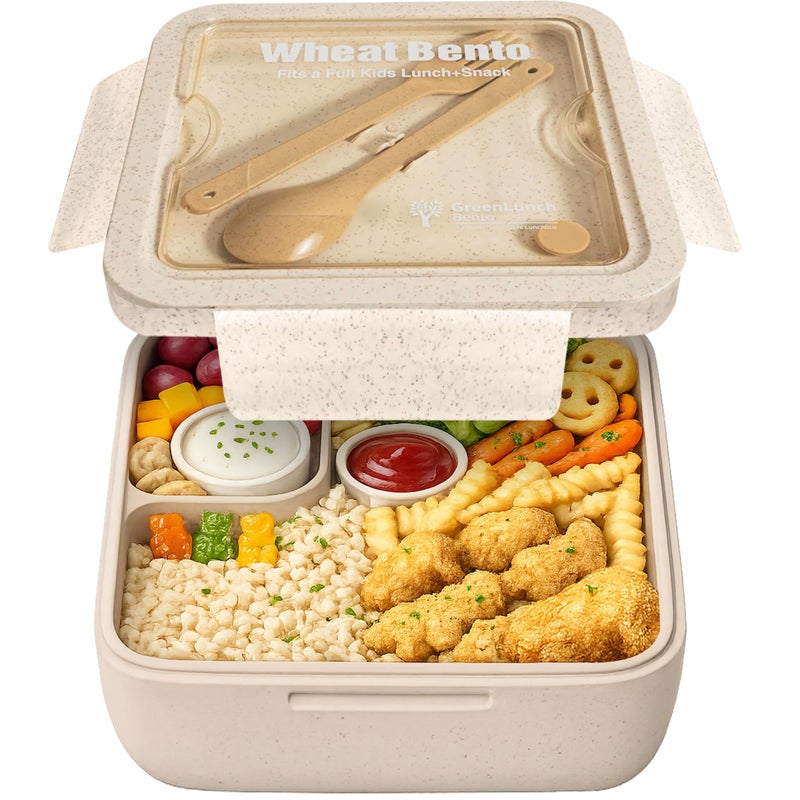 GreenLunch Bento علبة غداء بينتو قابلة للتحلل الحيوي من ويت وير، حاوية تخزين طعام ووجبات خفيفة للأطفال، طقم علبة غداء بينتو من قش القمح للأطفال - طبيعي - Image 1