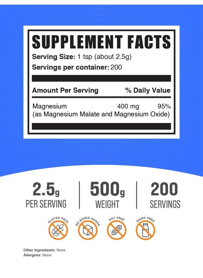 BulkSupplements.com Magnesium Malate Powder - Magnesium Supplements, High Bioavailabilty - Unflavored & Gluten Free, 2.5g per Serving, 500g (1.1 lbs) (Pack of 1) - Image 2