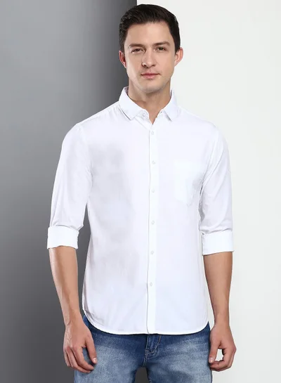 Dennis Lingo Slim Fit White Men's Casual Shirt, Spread Collar, Full Sleeves, 100% Cotton,