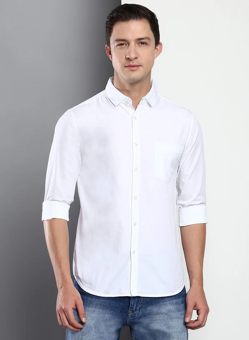 Slim Fit White Men's Casual Shirt, Spread Collar, Full Sleeves, 100% Cotton,