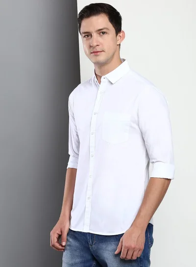 Dennis Lingo Slim Fit White Men's Casual Shirt, Spread Collar, Full Sleeves, 100% Cotton,