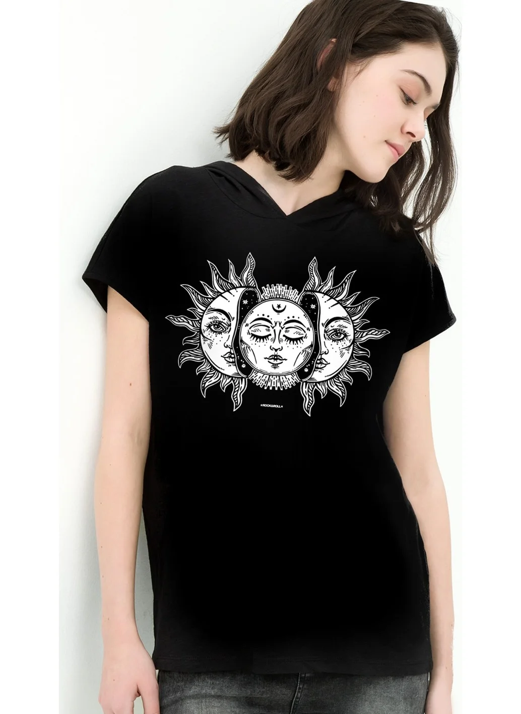 Rock&Roll Moon Sun Black Hooded Short Sleeve Women's T-Shirt