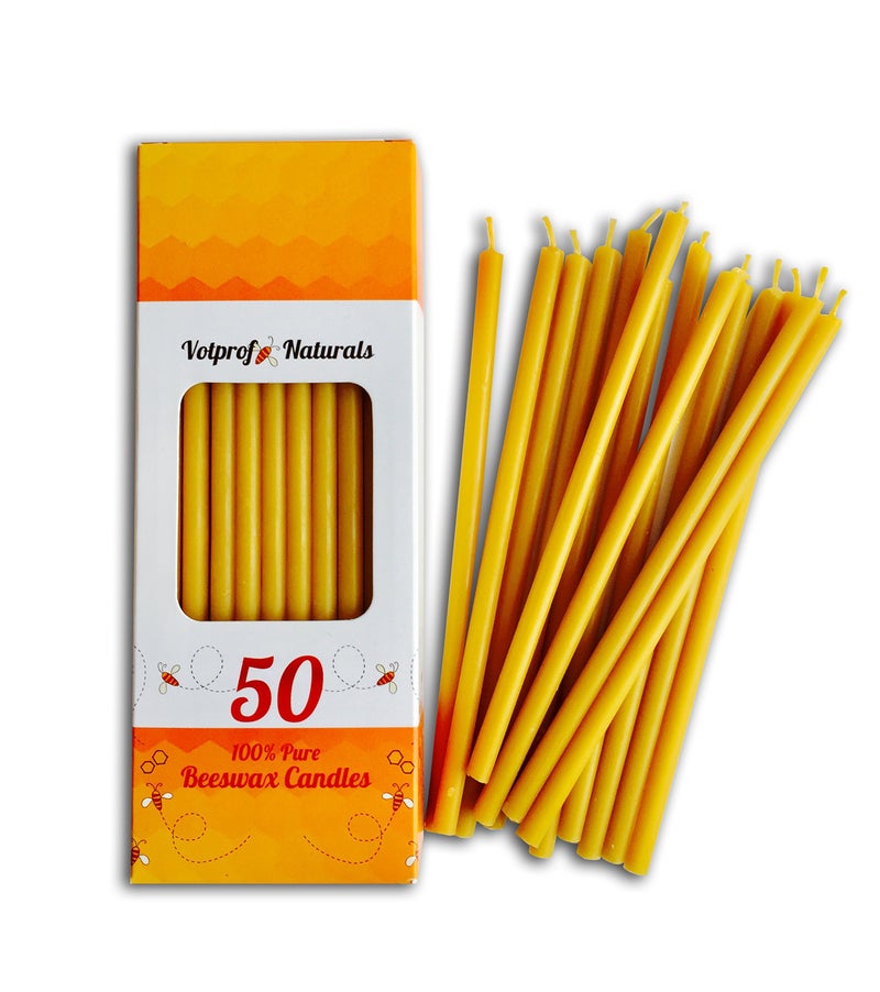 50 All Natural Dcor 100 Pure Beeswax Taper Candles Tall 6 in Unscented Dripless Smokeless Slow Burning Non Toxic Honey Scent for Home Dinner Cake Prayer Church Hanukkah Christmas