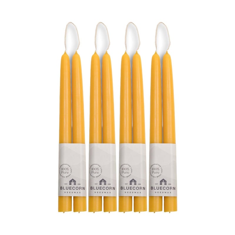 Bluecorn Beeswax Taper Candles, 100% Pure Natural Bees Wax, 10 Inch Pair, Yellow Candlesticks, Unscented, Clean Burning & Dripless, Long Lasting, Thanksgiving & Christmas Decor, American Made, 8 Pack - Image 1