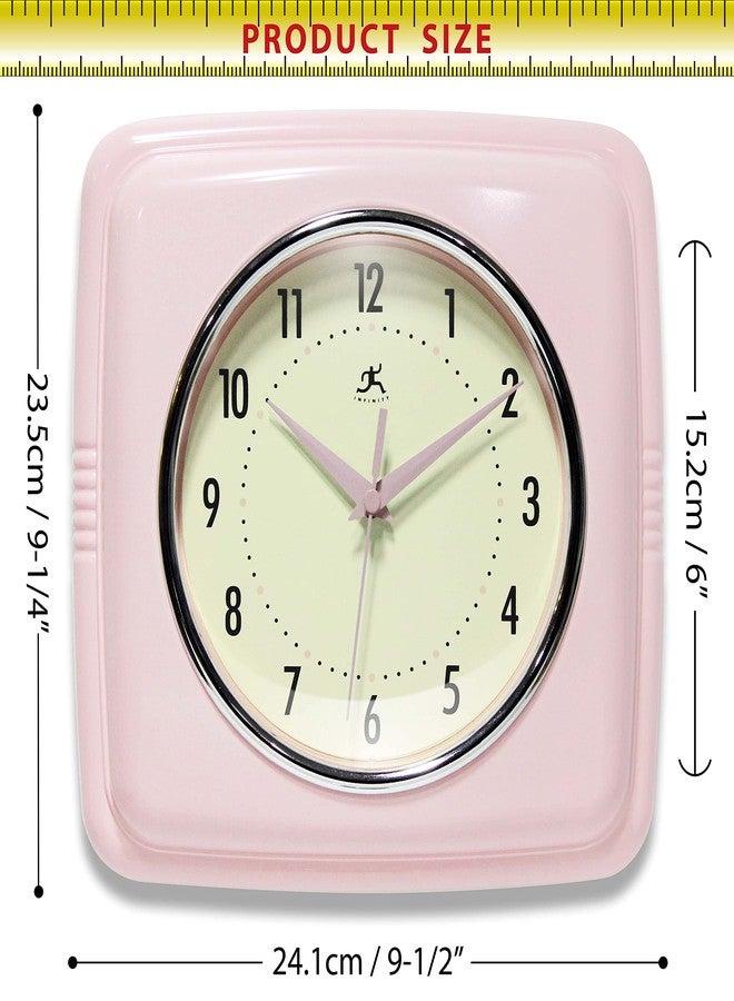 Infinity Instruments Square Silent Retro 9 inch Mid Century Modern Kitchen Diner Retro Wall Clock Quartz Sweep Movement (Pink) - Image 5