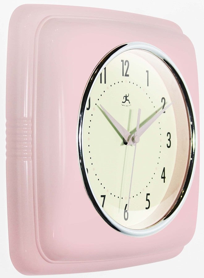 Infinity Instruments Square Silent Retro 9 inch Mid Century Modern Kitchen Diner Retro Wall Clock Quartz Sweep Movement (Pink) - Image 4