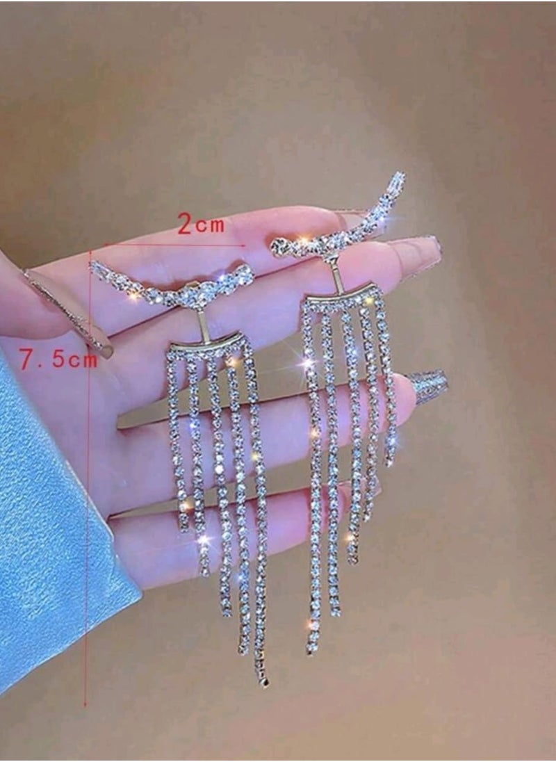 Shein - 2pcs Full Rhinestone Tassel Earrings, Sparkling, Suitable For Vacation, Party, Date, Gift And Daily Wear - Image 1