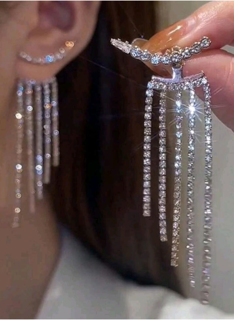 Shein - 2pcs Full Rhinestone Tassel Earrings, Sparkling, Suitable For Vacation, Party, Date, Gift And Daily Wear - Image 1