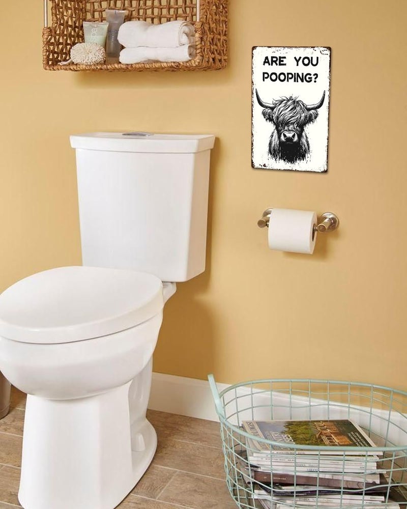 ALKB Funny Highland Cow Are You Pooping Metal Signs Vintage Farmhouse Bathroom Wall Decor Highland Cow Lovers Gift 8 x 12 Inch - Image 3