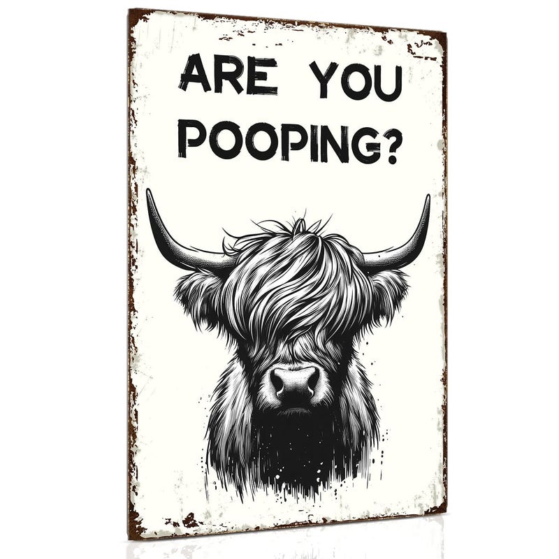 ALKB Funny Highland Cow Are You Pooping Metal Signs Vintage Farmhouse Bathroom Wall Decor Highland Cow Lovers Gift 8 x 12 Inch - Image 1