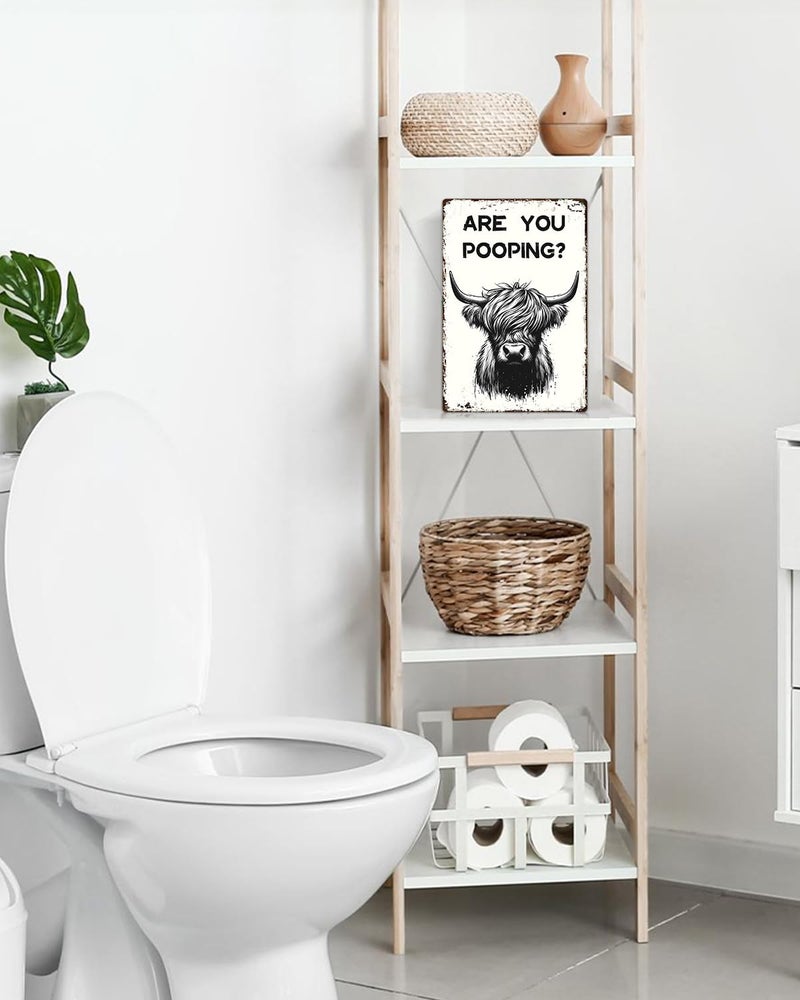 ALKB Funny Highland Cow Are You Pooping Metal Signs Vintage Farmhouse Bathroom Wall Decor Highland Cow Lovers Gift 8 x 12 Inch - Image 4