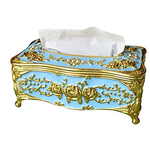 acdiac Luxurious European-Style Vintage Tissue Box Cover with Roses and Rhinestones Decor for Living Rooms Bathrooms Bedrooms Studies Offices Restaurant (Gold&Blue) - Image 4