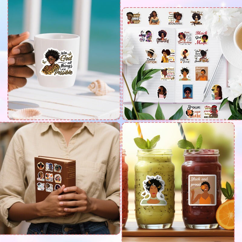 Aposwow Black Women Stickers for Adults - 100 Pcs Inspirational Quotes Water Bottle Stickers for Vision Board, Waterproof Scrapbook Decals, Motivational Vinyl Sticker for Laptop Journaling - Image 3