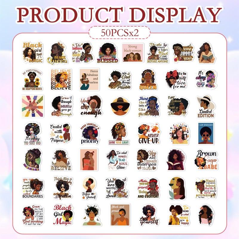 Aposwow Black Women Stickers for Adults - 100 Pcs Inspirational Quotes Water Bottle Stickers for Vision Board, Waterproof Scrapbook Decals, Motivational Vinyl Sticker for Laptop Journaling - Image 2