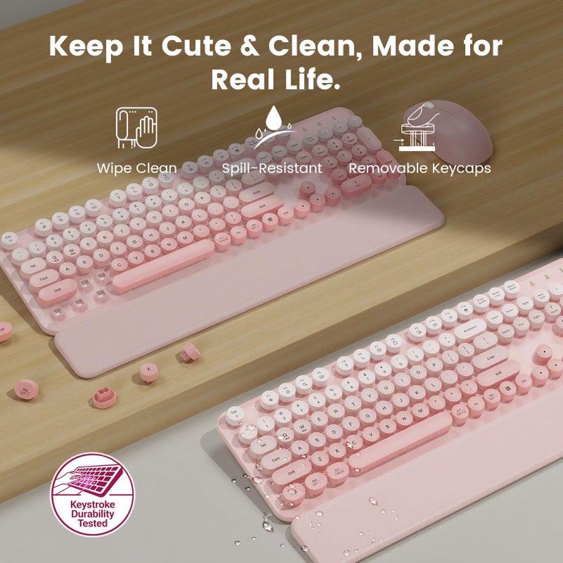 SABLUTE Wireless Keyboard and Mouse Combo, Magnetic Soft-Touch Wrist Rest, Round Keycaps, Full-Size Retro Typewriter Keyboard, 2-Stage Tilt Legs, Auto Sleep, 2.4GHz Cordless for Windows PC, Blush Pink Ombre - Image 4