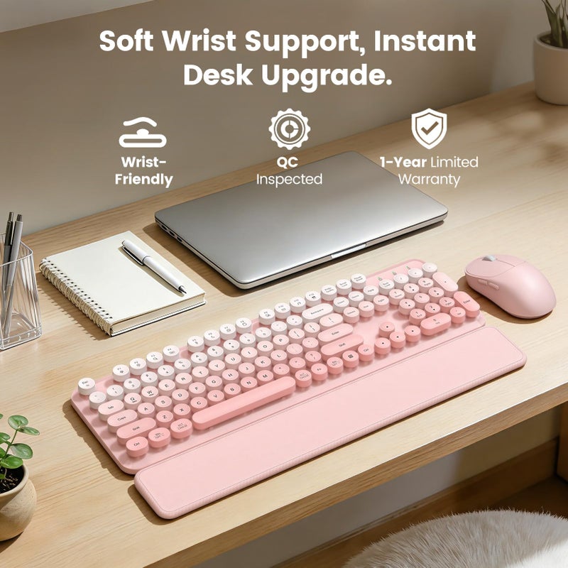 SABLUTE Wireless Keyboard and Mouse Combo, Magnetic Soft-Touch Wrist Rest, Round Keycaps, Full-Size Retro Typewriter Keyboard, 2-Stage Tilt Legs, Auto Sleep, 2.4GHz Cordless for Windows PC, Blush Pink Ombre - Image 2