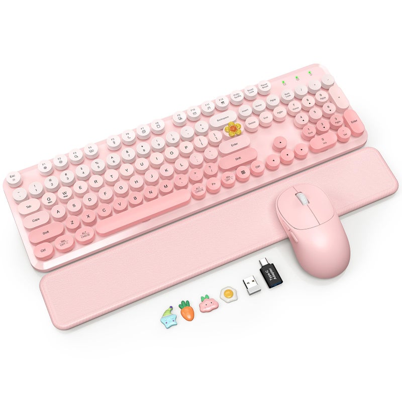 SABLUTE Wireless Keyboard and Mouse Combo, Magnetic Soft-Touch Wrist Rest, Round Keycaps, Full-Size Retro Typewriter Keyboard, 2-Stage Tilt Legs, Auto Sleep, 2.4GHz Cordless for Windows PC, Blush Pink Ombre - Image 1