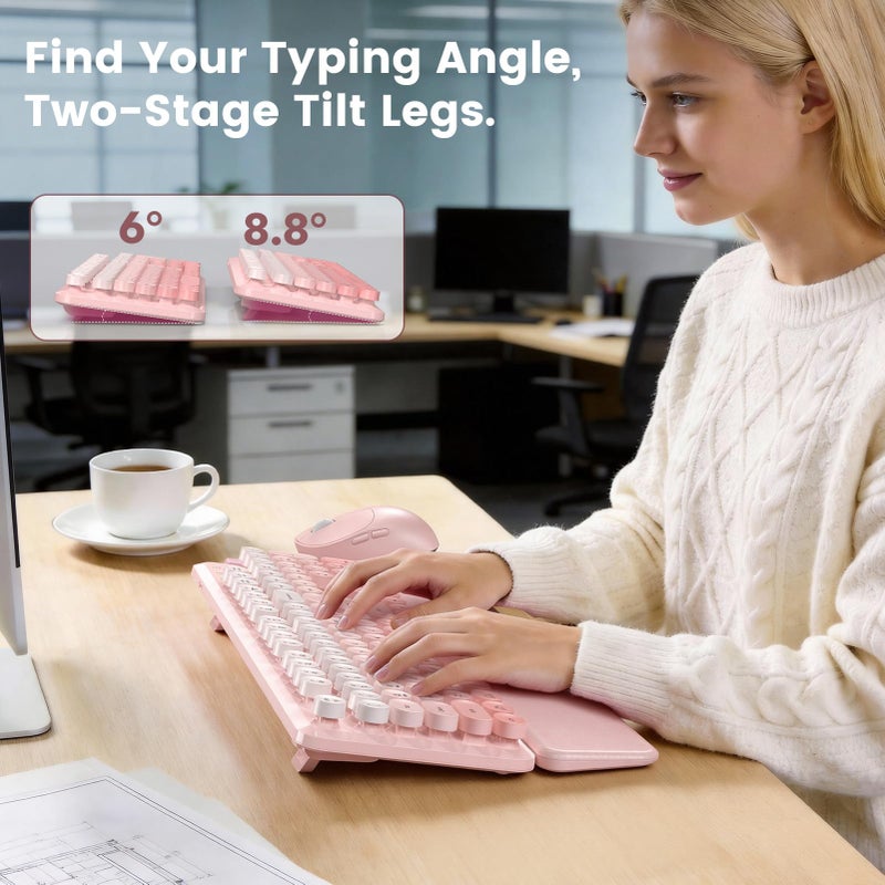 SABLUTE Wireless Keyboard and Mouse Combo, Magnetic Soft-Touch Wrist Rest, Round Keycaps, Full-Size Retro Typewriter Keyboard, 2-Stage Tilt Legs, Auto Sleep, 2.4GHz Cordless for Windows PC, Blush Pink Ombre - Image 5
