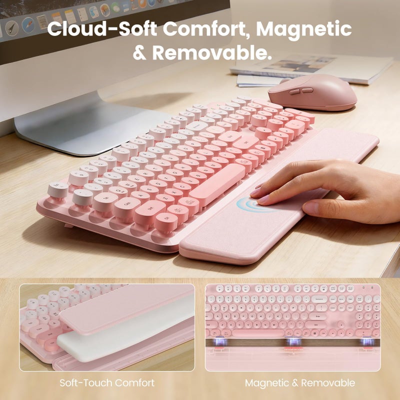SABLUTE Wireless Keyboard and Mouse Combo, Magnetic Soft-Touch Wrist Rest, Round Keycaps, Full-Size Retro Typewriter Keyboard, 2-Stage Tilt Legs, Auto Sleep, 2.4GHz Cordless for Windows PC, Blush Pink Ombre - Image 3
