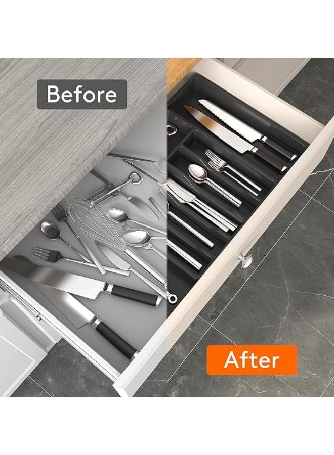 Silverware Drawer Organizer, Expandable Utensil Tray for Kitchen, BPA Free Flatware and Cutlery Holder, Adjustable Plastic Storage for Spoons Forks Knives, Large, Black - Image 2