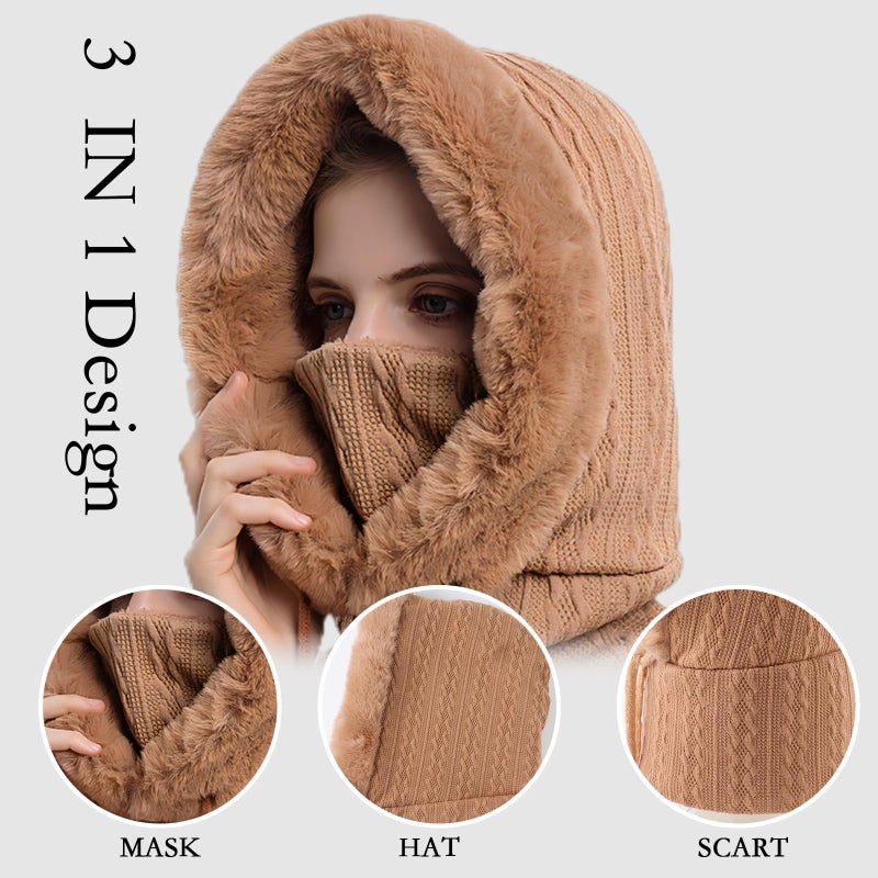 OMUKY Balaclava Hats for Women Cold Weather Thick Fluff Hats Adult Neck Face Cover Cap Ski Mask Neck Warmer(Khaki) - Image 2