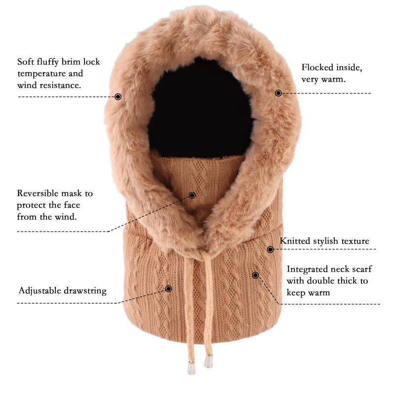 OMUKY Balaclava Hats for Women Cold Weather Thick Fluff Hats Adult Neck Face Cover Cap Ski Mask Neck Warmer(Khaki) - Image 4
