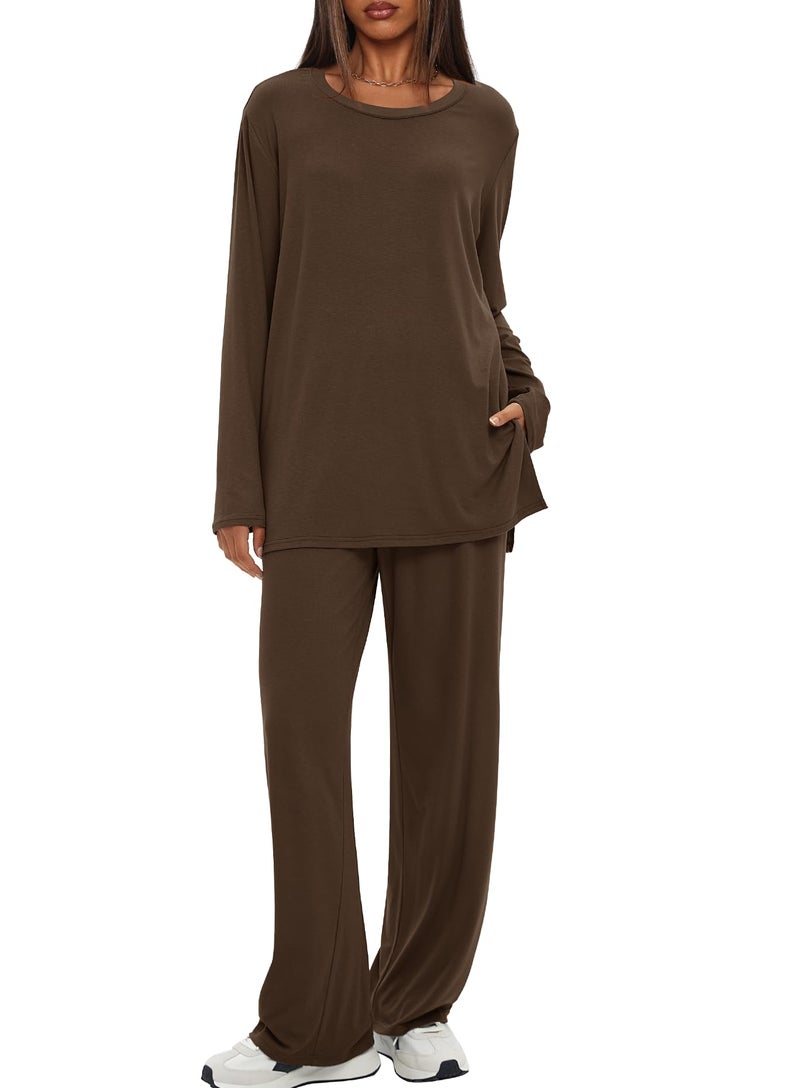 Darong Lounge Sets for Women 2 Piece Drawstring Wide Leg Pants Long Sleeve Tops Casual Outfits Matching Set 9088A Brown S - Image 1