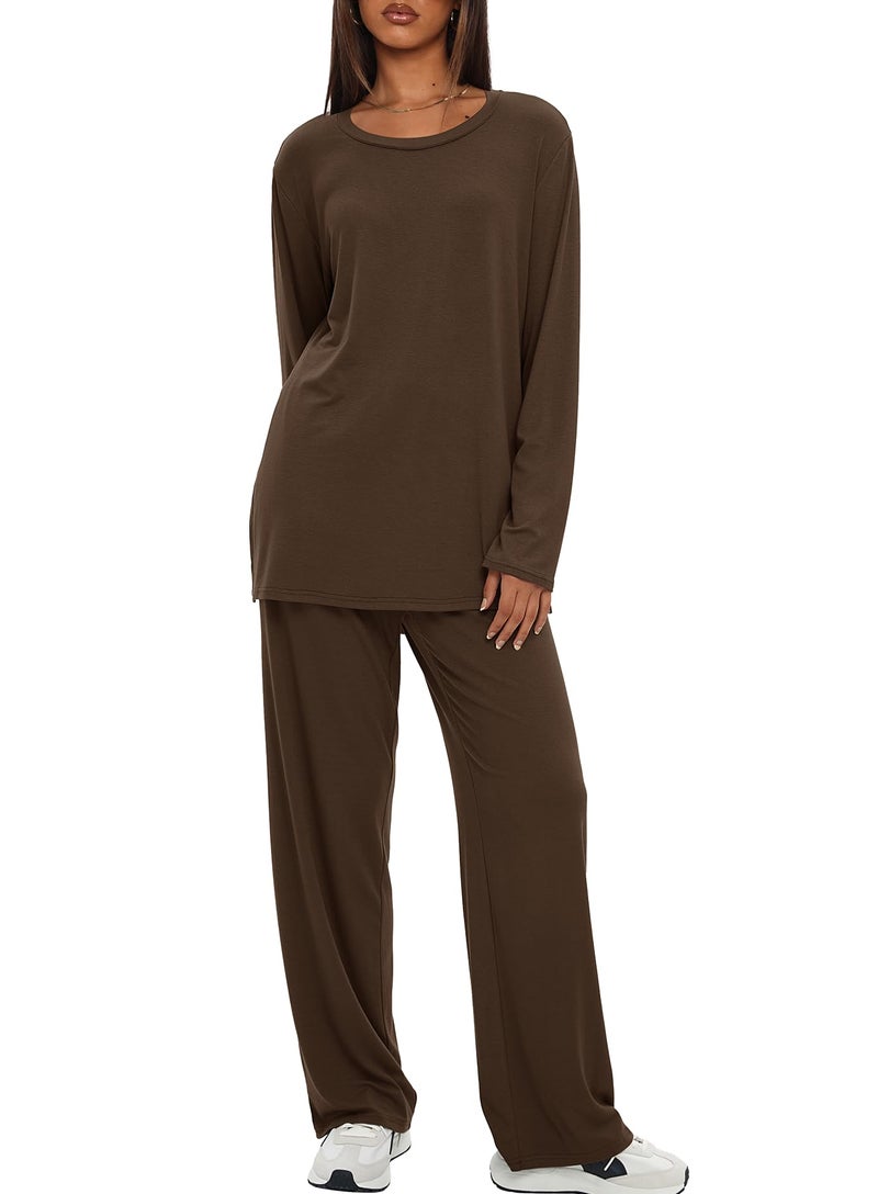 Darong Lounge Sets for Women 2 Piece Drawstring Wide Leg Pants Long Sleeve Tops Casual Outfits Matching Set 9088A Brown S - Image 4