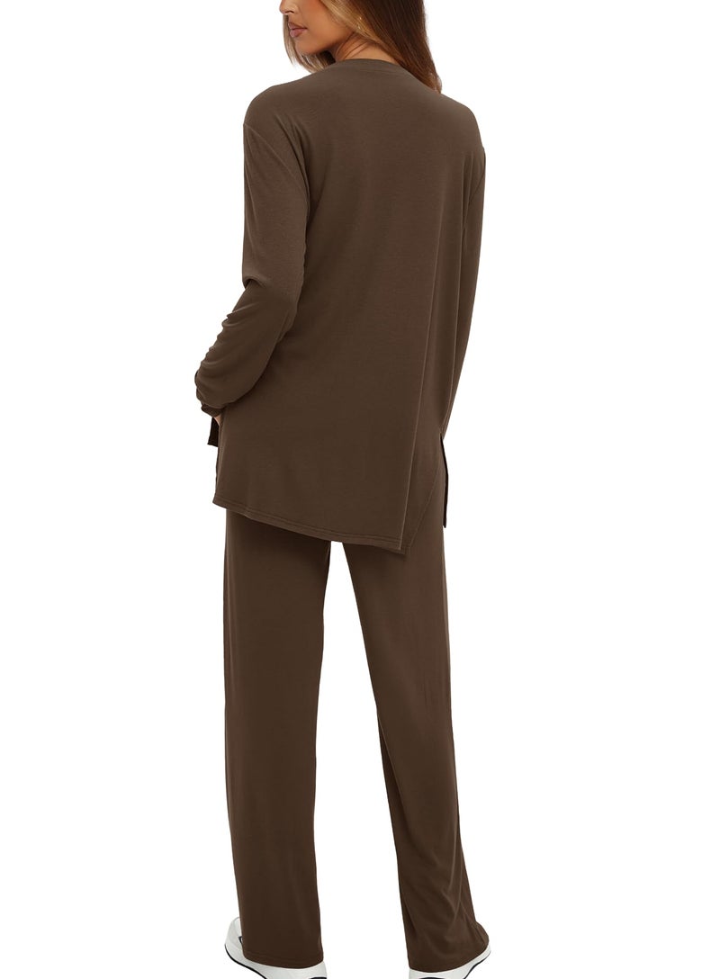 Darong Lounge Sets for Women 2 Piece Drawstring Wide Leg Pants Long Sleeve Tops Casual Outfits Matching Set 9088A Brown S - Image 2