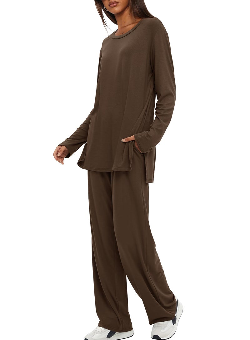 Darong Lounge Sets for Women 2 Piece Drawstring Wide Leg Pants Long Sleeve Tops Casual Outfits Matching Set 9088A Brown S - Image 3