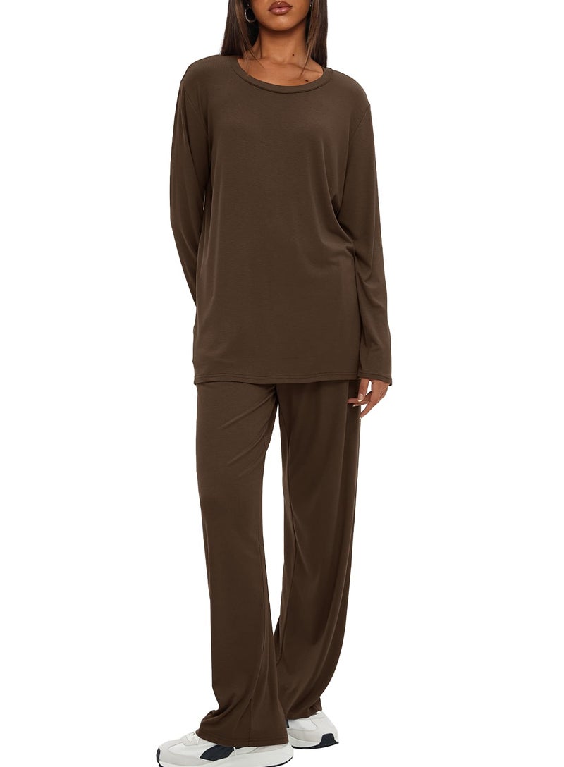 Darong Lounge Sets for Women 2 Piece Drawstring Wide Leg Pants Long Sleeve Tops Casual Outfits Matching Set 9088A Brown S - Image 5