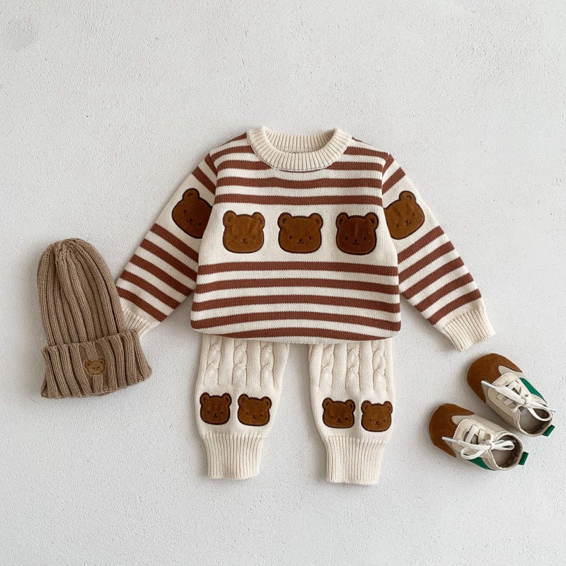 Infant Cartoon Stripe Knit Sweater Set Brown pants  - Image 5