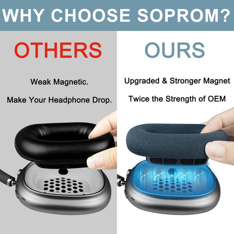 SOPROM Upgraded Ear Pads for Airpods Max Over-Ear Headphones, Earpads Replacement Cushions with Durable Mesh Fabric, Noise Isolation and Strong Magnet - Midnight - Image 3