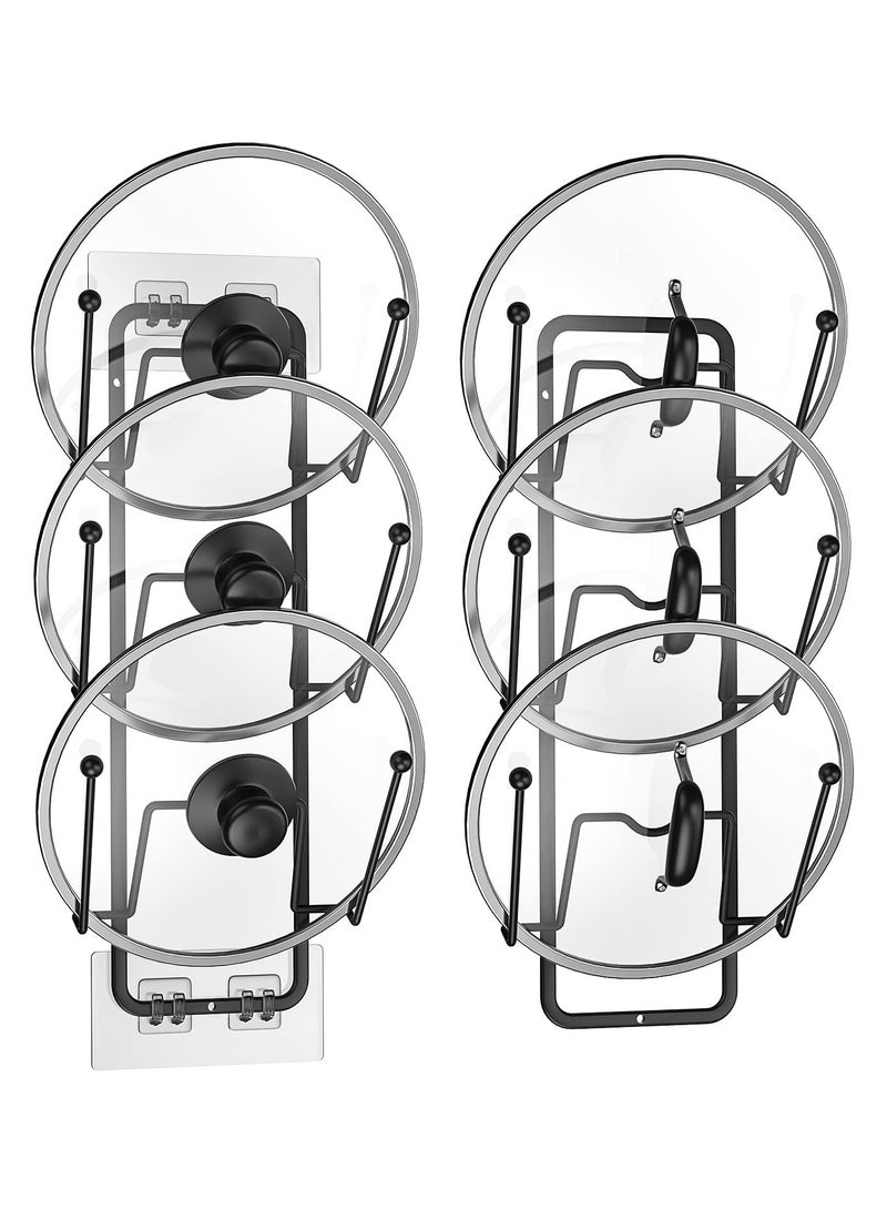 2 Pack Pot Lid Organizer Rack, 6 Tier Pot Lids Holder for Cabinet Door/Wall Mount, Reusable Pot Lid Rack Holder for Kitchen Storage with No Drilling Adhesive, Black - Image 1