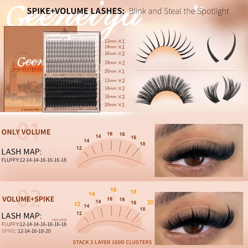 Geeneiya 12-20mm PAPER Spikes Lash Clusters and 12-18mm Volume Eyelash Clusters Kit D Lash Extension Kit Wispy Cluster Eyelash Extensions Spiky Individual Lashes with Lash Bond and Seal for Beginners - Image 2
