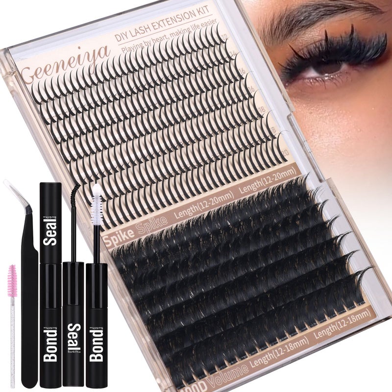 Geeneiya 12-20mm PAPER Spikes Lash Clusters and 12-18mm Volume Eyelash Clusters Kit D Lash Extension Kit Wispy Cluster Eyelash Extensions Spiky Individual Lashes with Lash Bond and Seal for Beginners - Image 1