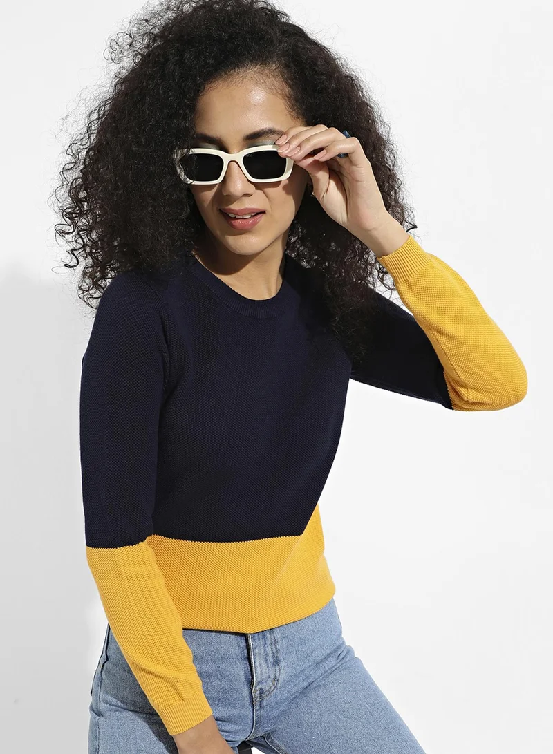 Women's Contrast-Panel Pullover Sweater | Round Neck , Long Ribbed Sleeves , Pull On , Ribbed-Straight Hem | Colourblock Cotton-Blend Jacquard Material For Casual & Daily | Blue & Yellow